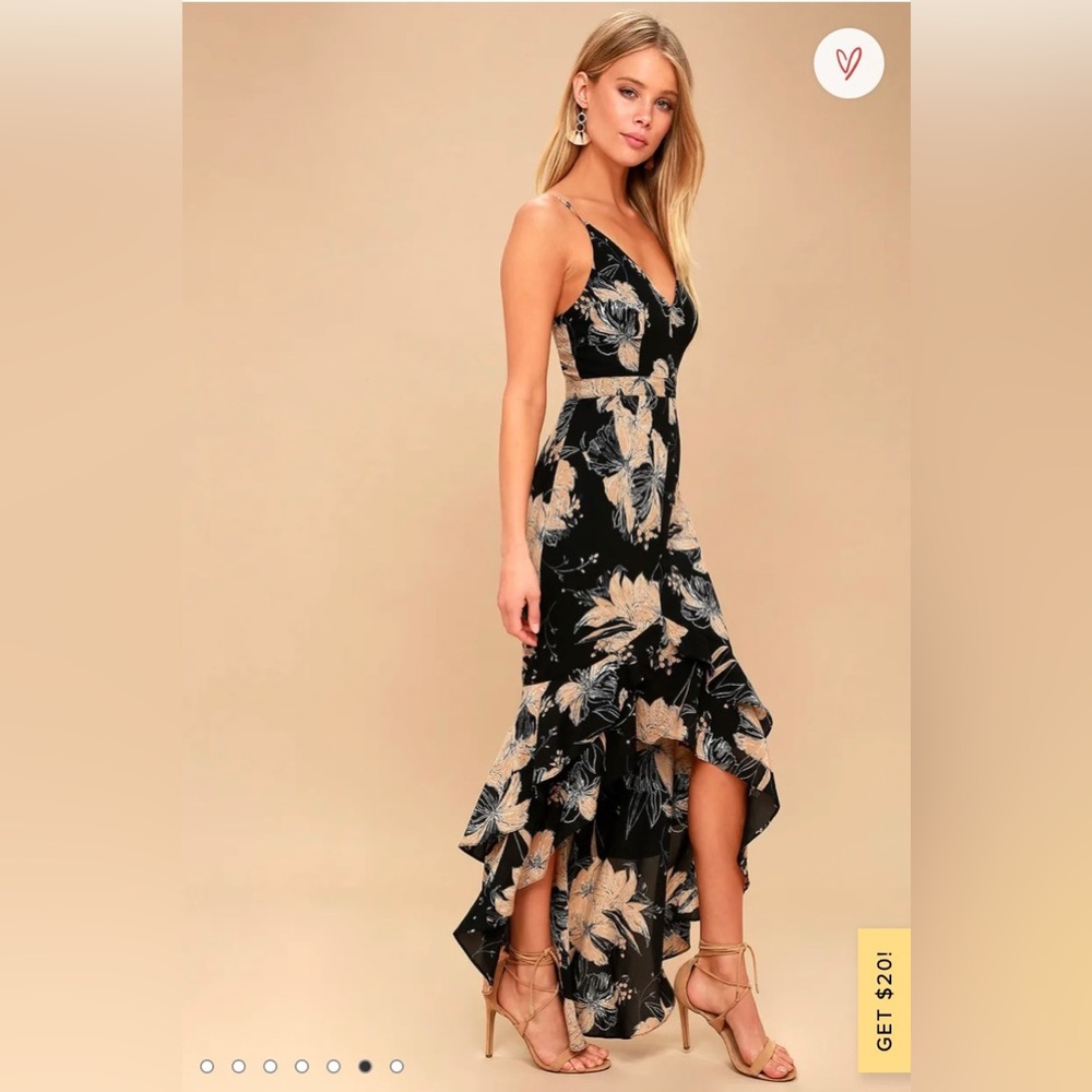 NWOT LULUS Darling Daylily Black Floral Print High Low Maxi Dress